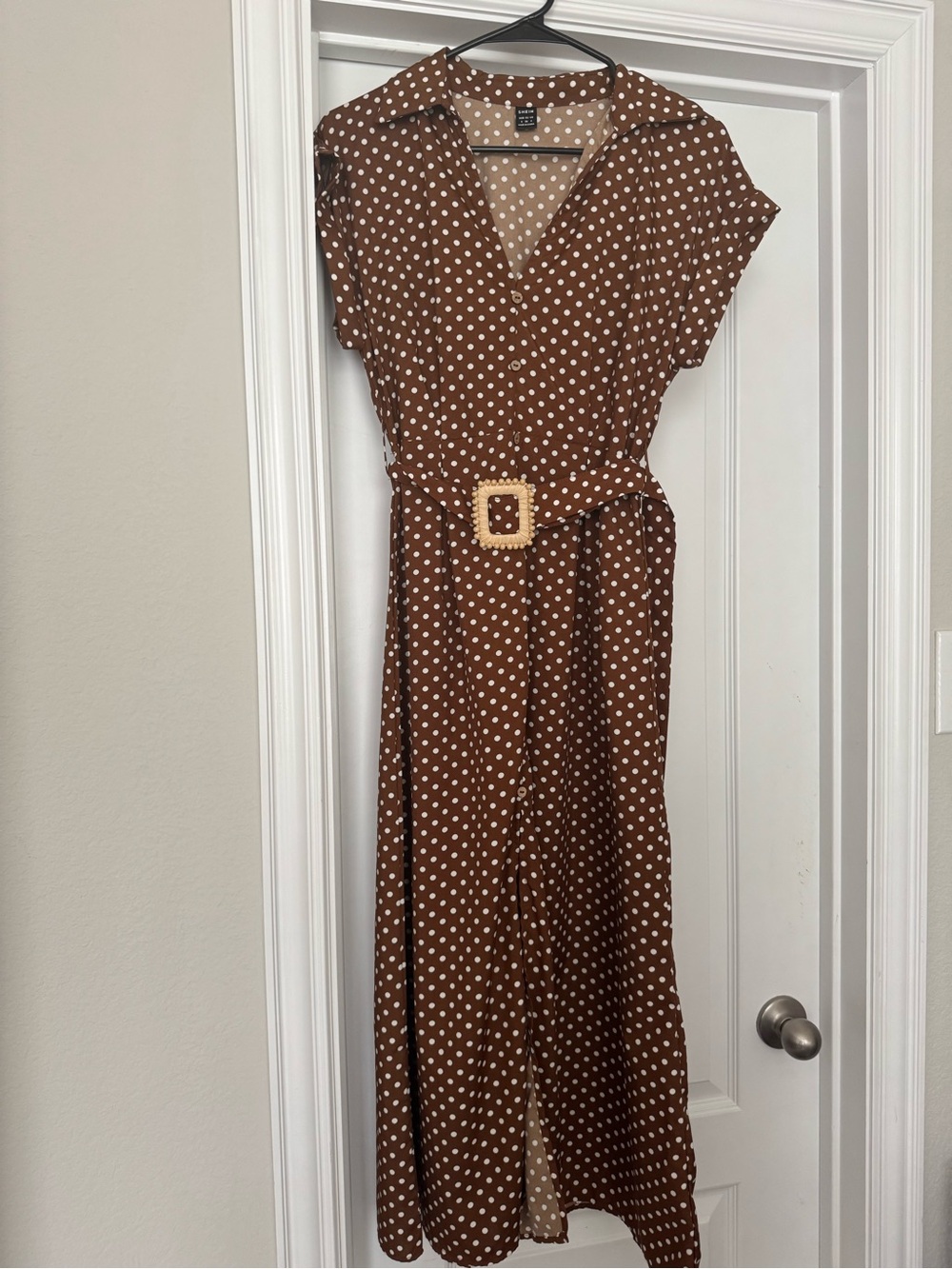 SHEIN Brown Polka Dot Maxi Wrap Dress with Buckle Belt